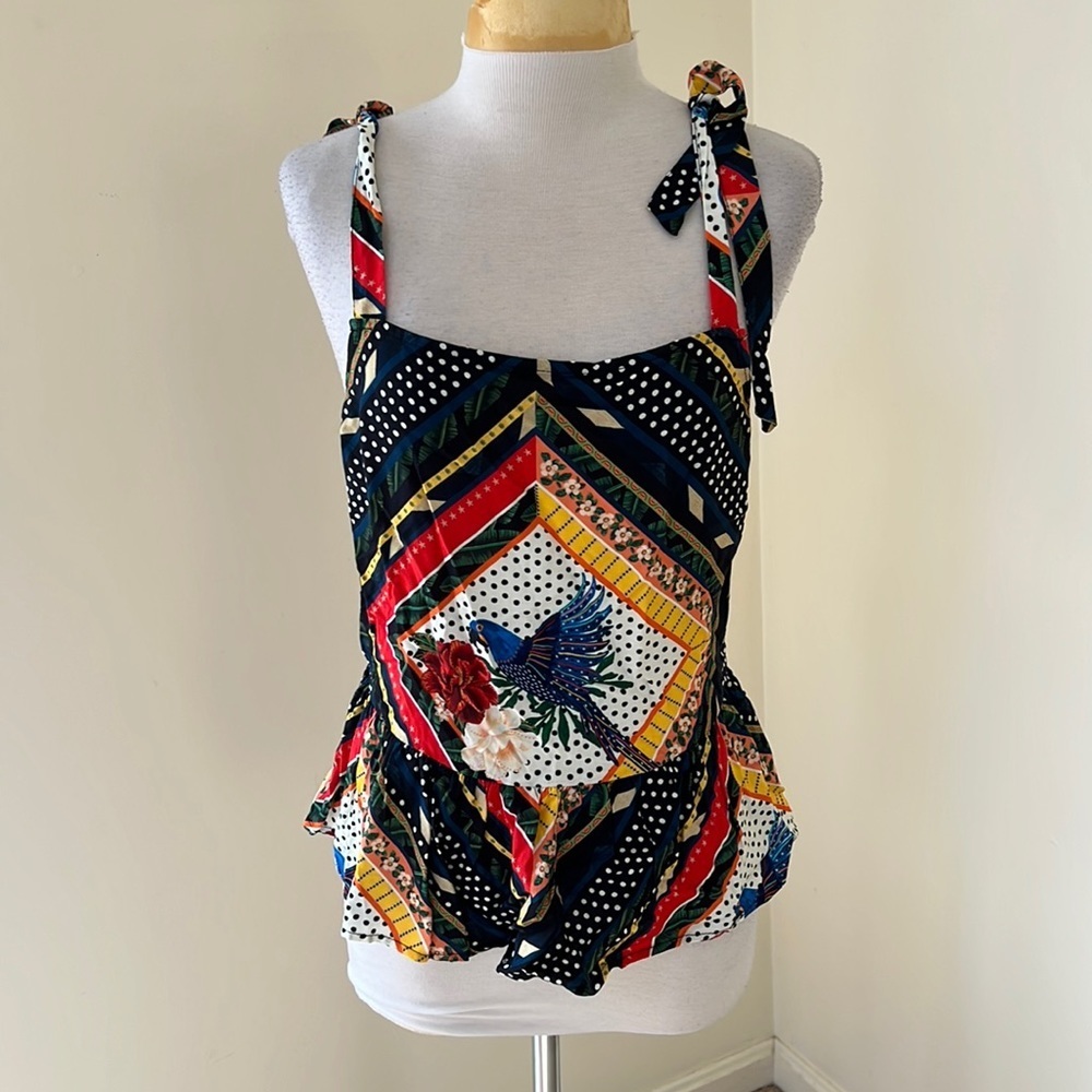 New! Farm Rio Medium Floral And Parrot Print Tank Top .